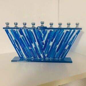 Fused Blue Glass Menorah